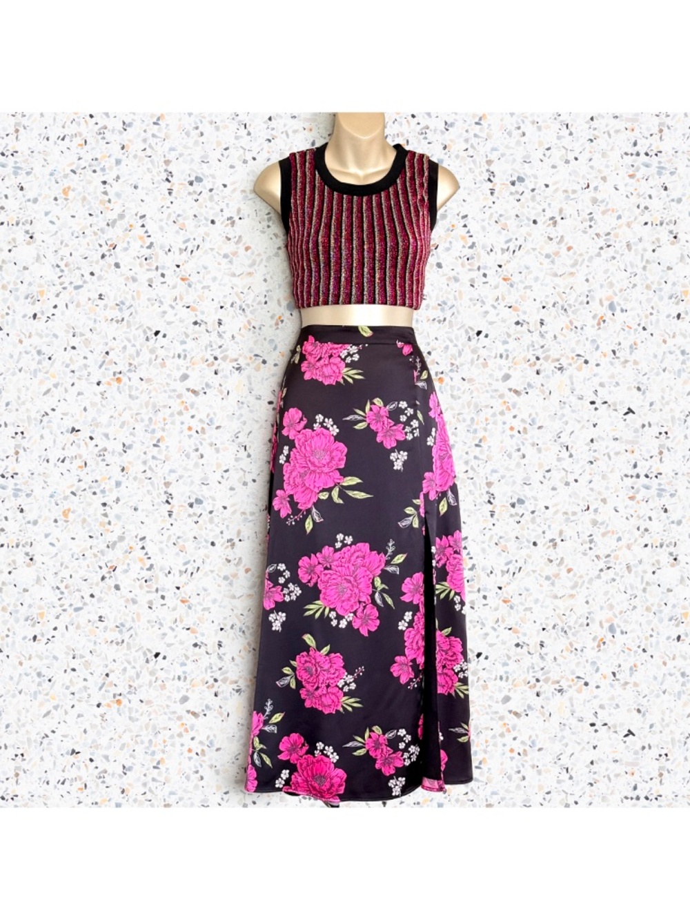 Sultry Y2k High Slit Floral Maxi Skirt Black Pink Dark Fairy Whimsigoth Sz M